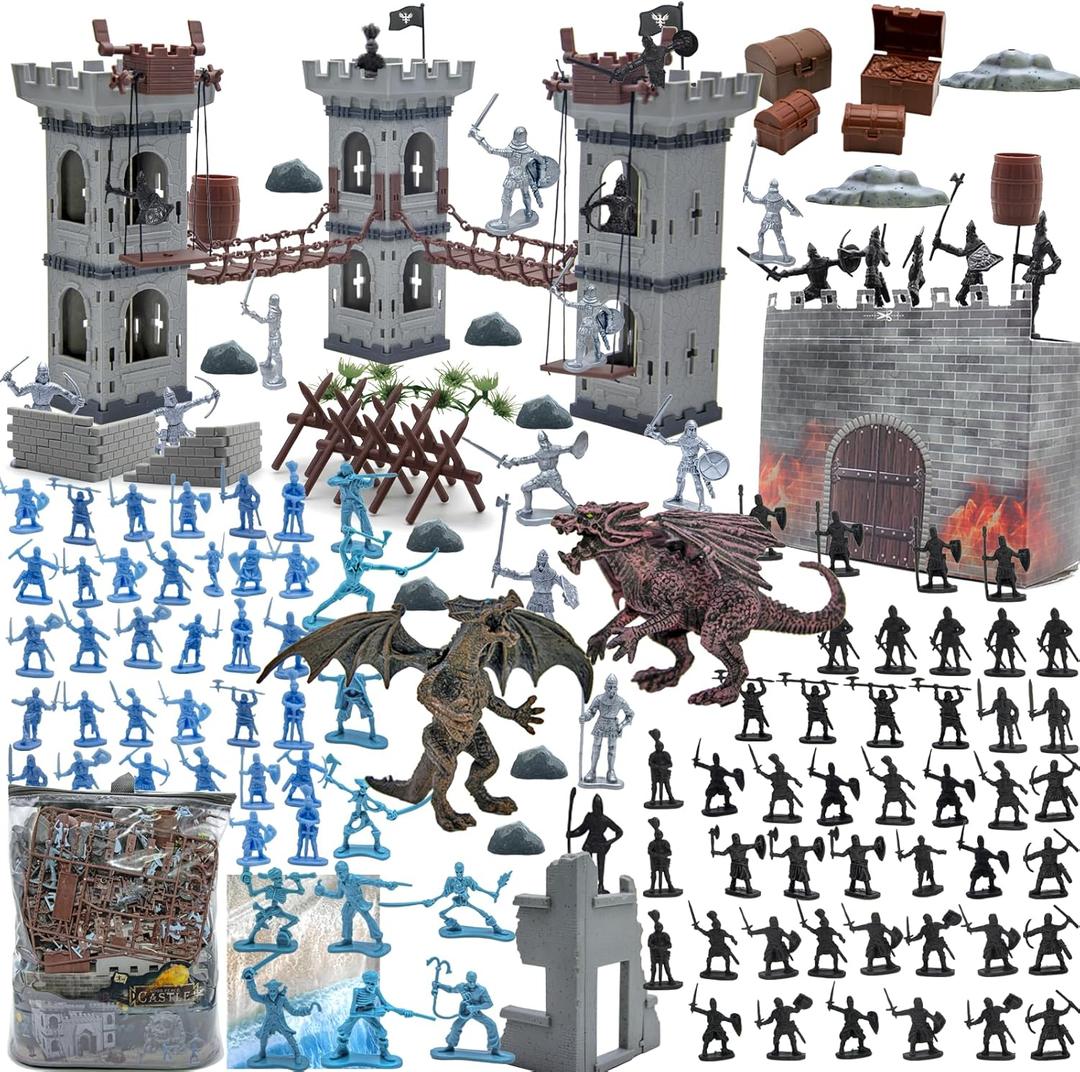 Medieval Castle Knight Toy Soldier Figures Army Men Toys, The Medieval Times Middle Ages DIY Castle Building Toy Piracy Knight Action Figurines with Storage Bag,2 Dragons, 2 Bridges, 1 Map