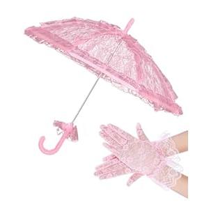 Solnique Mini White/ Pink Lace Parasol with Floral Gloves, Vintage Lace Umbrella for Wedding Decor, Tea Party & Photography Props