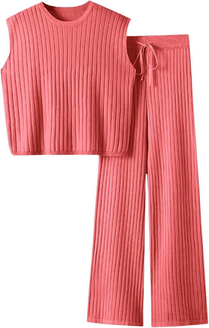 Imily Bela Womens 2 Piece Outfits Sleeveless Ribbed Knit Tops Wide Leg Pants Summer Vacation Sweater Matching Lounge Sets (M)