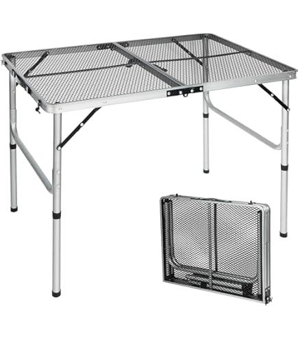 3x2 FT Folding Grill Table, Portable Camping Table for Outside, Adjustable Height Folding Table with Desktop & Mesh Bag, Lightweight Outdoor Table for Camping, Picnic, BBQ, Silver