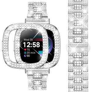 Dsytom Bling Stylish Watch Band Compatible With Fitbit Versa 4, Sense 2, Versa 3, Sense - Cute Strap With Rhinestone Protective Case Cover for Women (Silver)