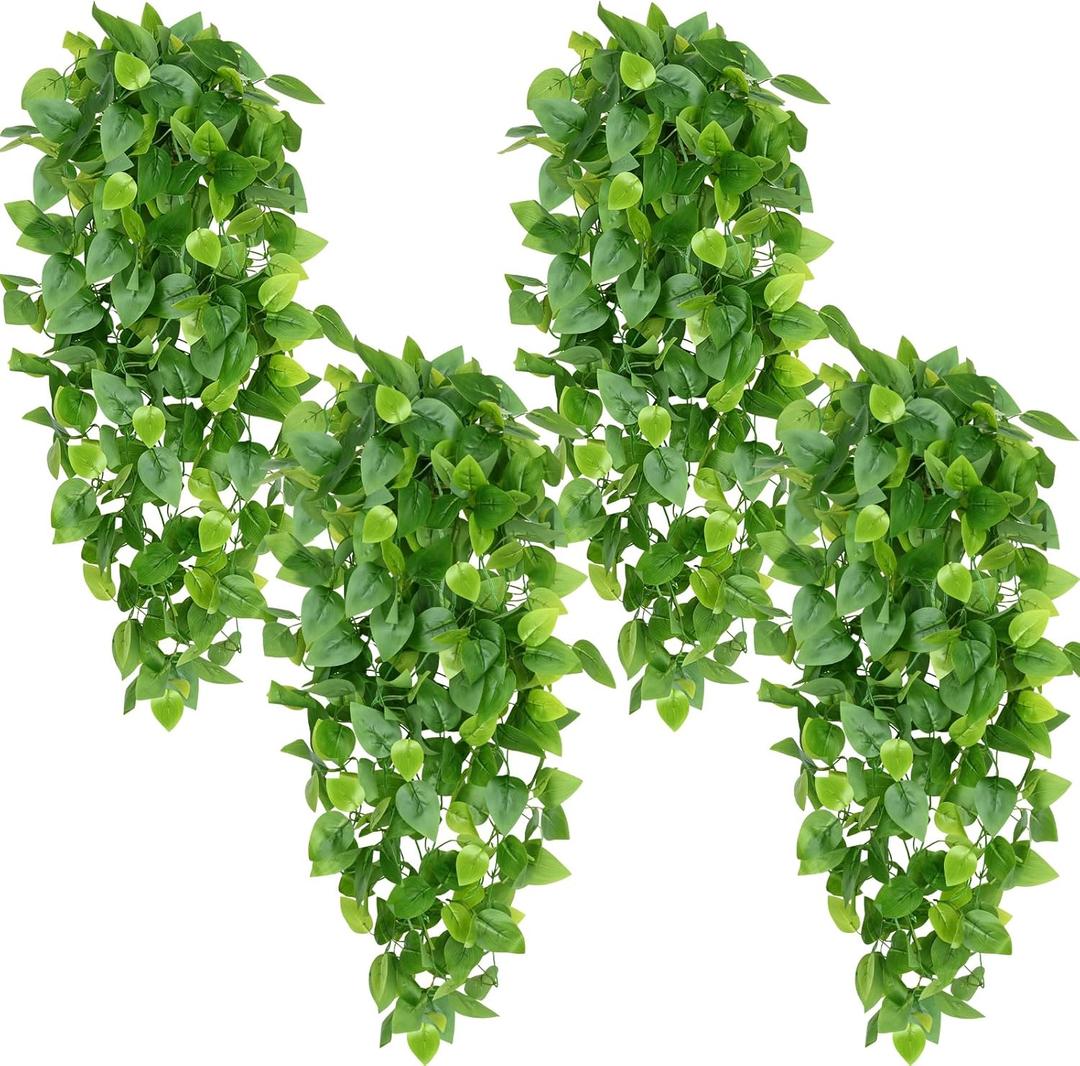 Waipfaru Fake Hanging Plants, 4pcs Artificial Hanging Plant, Faux Ivy Pothos Vines Greenery for Wall Home Bedroom Living Room Aesthetic Kitchen Office Aesthetic Kitchen Indoor Outdoor Decor (Epipremnum Aureum)