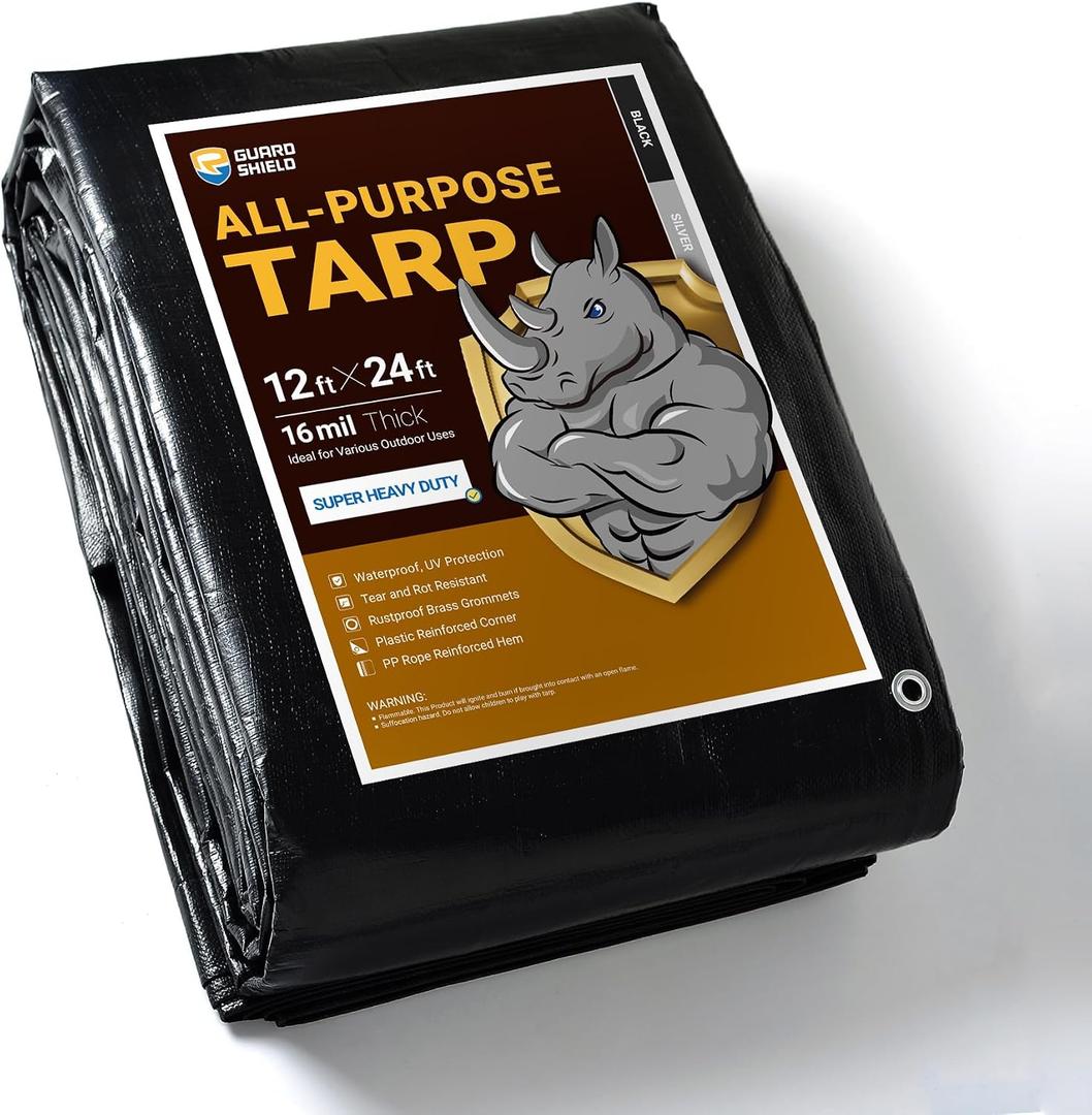 GUARD SHIELD Super Heavy Duty Black/Silver Ploy Tarp Cover 12x24 Feet Waterproof Tarps 16mil Thick UV and Tear Resistant Tarpualin