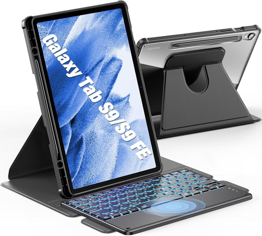 INFILAND for Samsung Galaxy Tab S9/ S9 FE 5g Case with Keyboard [High Precision Trackpad & 7 Color Backlit & S Pen Holder], Detachable Wireless Keyboard Case with 360 Degree Rotating Stand, Light black