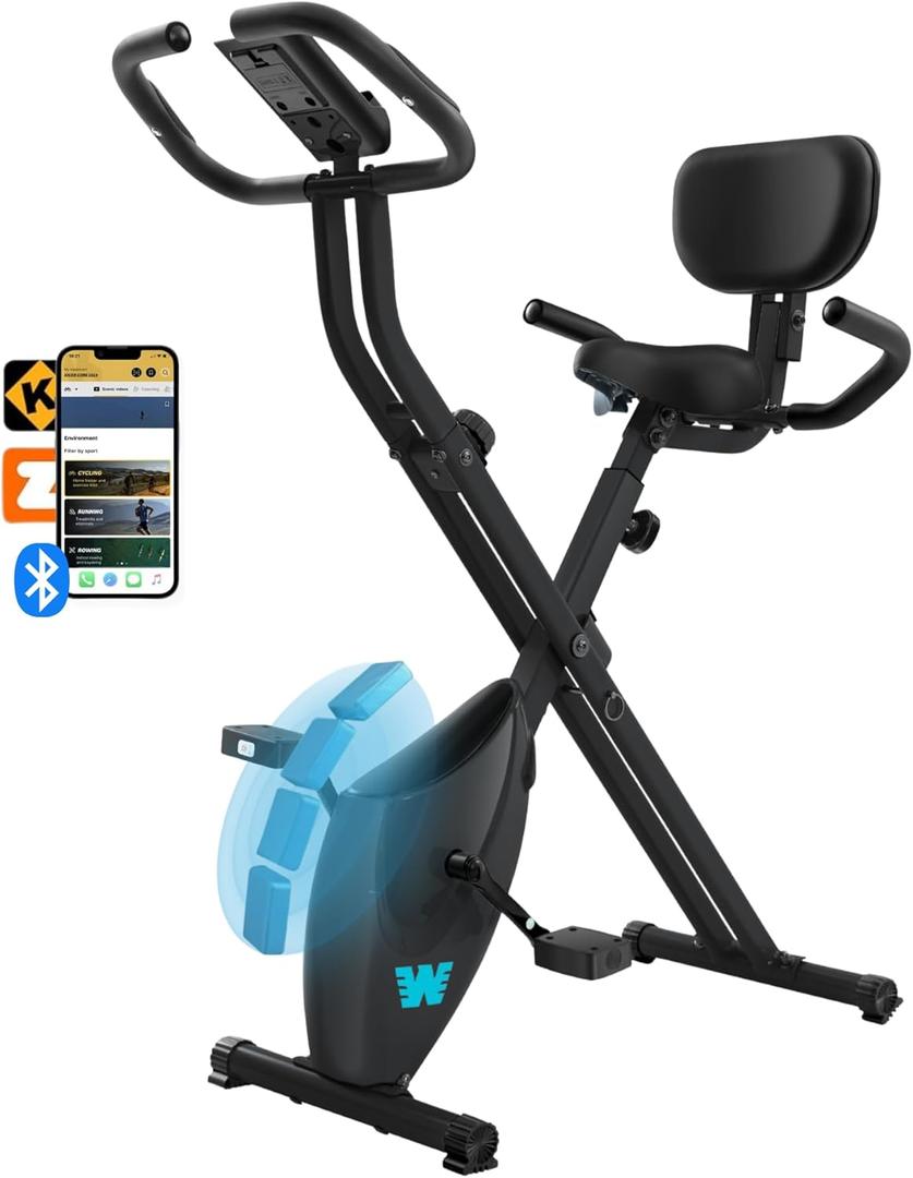 BARWING Stationary Exercise Bike for Home Workout, 5 IN 1 Foldable Indoor Cycling Bike for Seniors, 350LB Capacity, 16-Level Magnetic Resistance, Seat Backrest Adjustments (App-X4-Black)