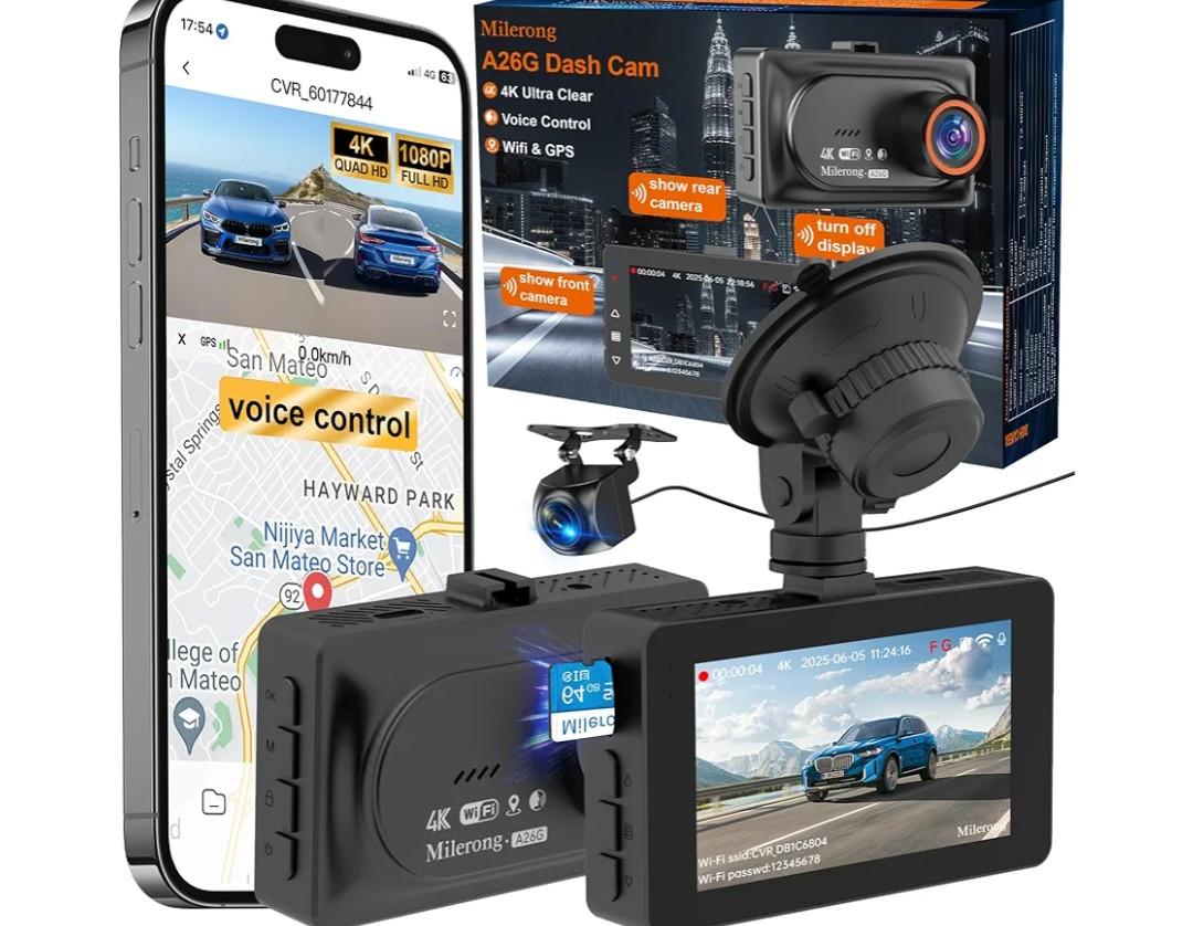 A26G Dash Cam Front and Rear Camera with Voice Control,Car Cameras Dashcam for Cars with WiFi, GPS, 64G Card, 24H Parking Monitor, G-Sensor,IR Night Vision,Loop Recording