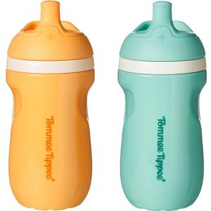 Tommee Tippee Insulated 9oz Sporty Spout Toddler Water Bottle, No Spill, Sippy Cups for Toddlers 13, TwoPiece Valve Helps Stop Spills, Light Blue & Orange, BPA Free, Pack of 2