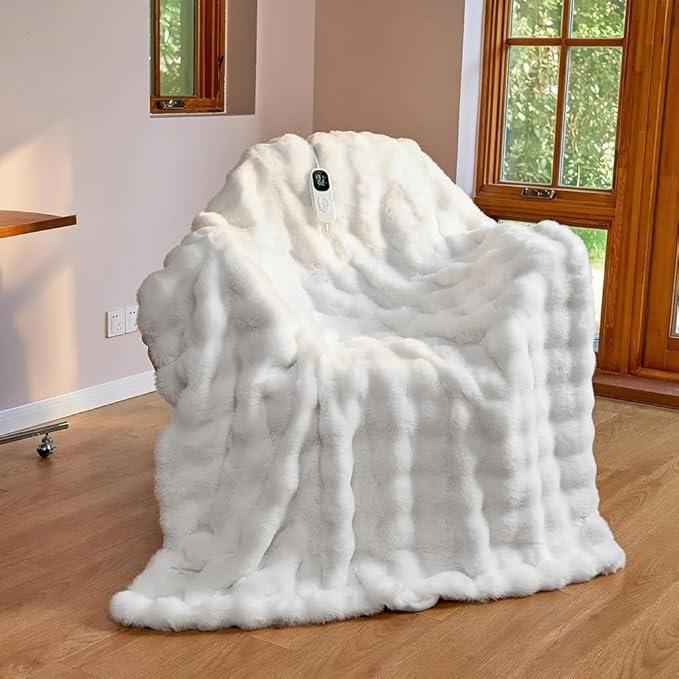 IUUI Electric Heated Blanket Throw 50''x60'', Luxury Faux Rabbit Fur Heating Throw Blankets, Fast Heating with 1/2/4/6/8/10 Hours, Overheat Protection, Quick Heating, Memory Function, Gift-Ready Design
