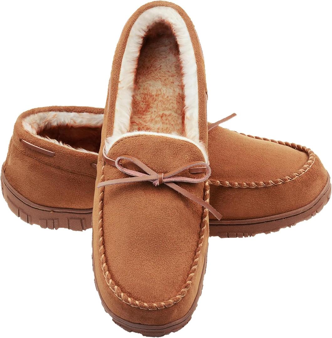 LA PLAGE Men's Moccasin Slippers Memory Foam Warm Plush House Slippers, Indoor Outdoor Comfortable Winter House Shoes (8, Brown)