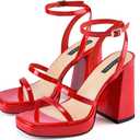 MIRAAZZURRA Platform Strappy Heel Sandals Square Open Toe Two Strap Chunky High Heeled Sandals with Buckle Ankle Strap for Women Party Wedding Dress (Red)