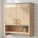 HOOBRO Narrow Bathroom Wall Cabinet with Towel Rack, Space Saving Medicine Cabinet for Small Spaces, Farmhouse Fluted Wall Storage Cabinet with Adjustable Shelf, Natural