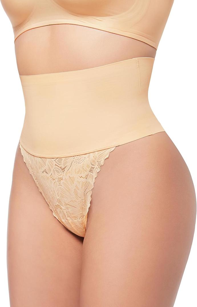 HBselect Tummy Control Thong Shapewear for Women Seamless Shapewear Thong Sexy Panty with Lace Body Shaper Underwear Beige