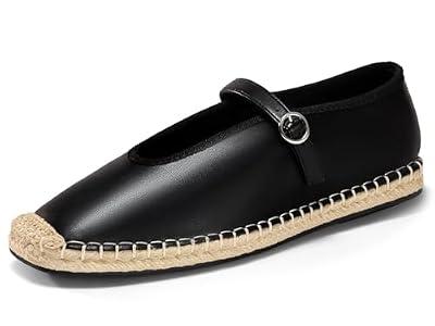 Coutgo Womens Espadrilles Mary Jane Flats Closed Sqaure Toe Ballet Flats Comfortable Dress Shoes, Black/ PU, Size 7