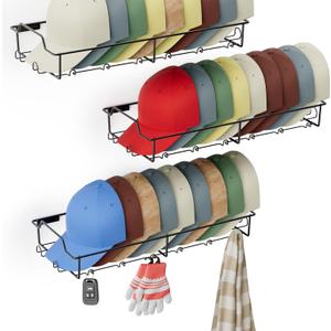 Wall Hat Racks for Baseball Caps, Each Metal Hat Organizer Fit 20 Caps, 3 Packs Sturdy Wall Mounted Hat Rack for Room Closet Display, Black