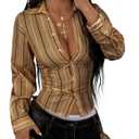 GORGLITTER Women's Striped Fitted Shirt Y2k Cinched Waist Tops Ruched Long Sleeve Button Up Blouses Dressy Streetwear Coffee Brown X-Large