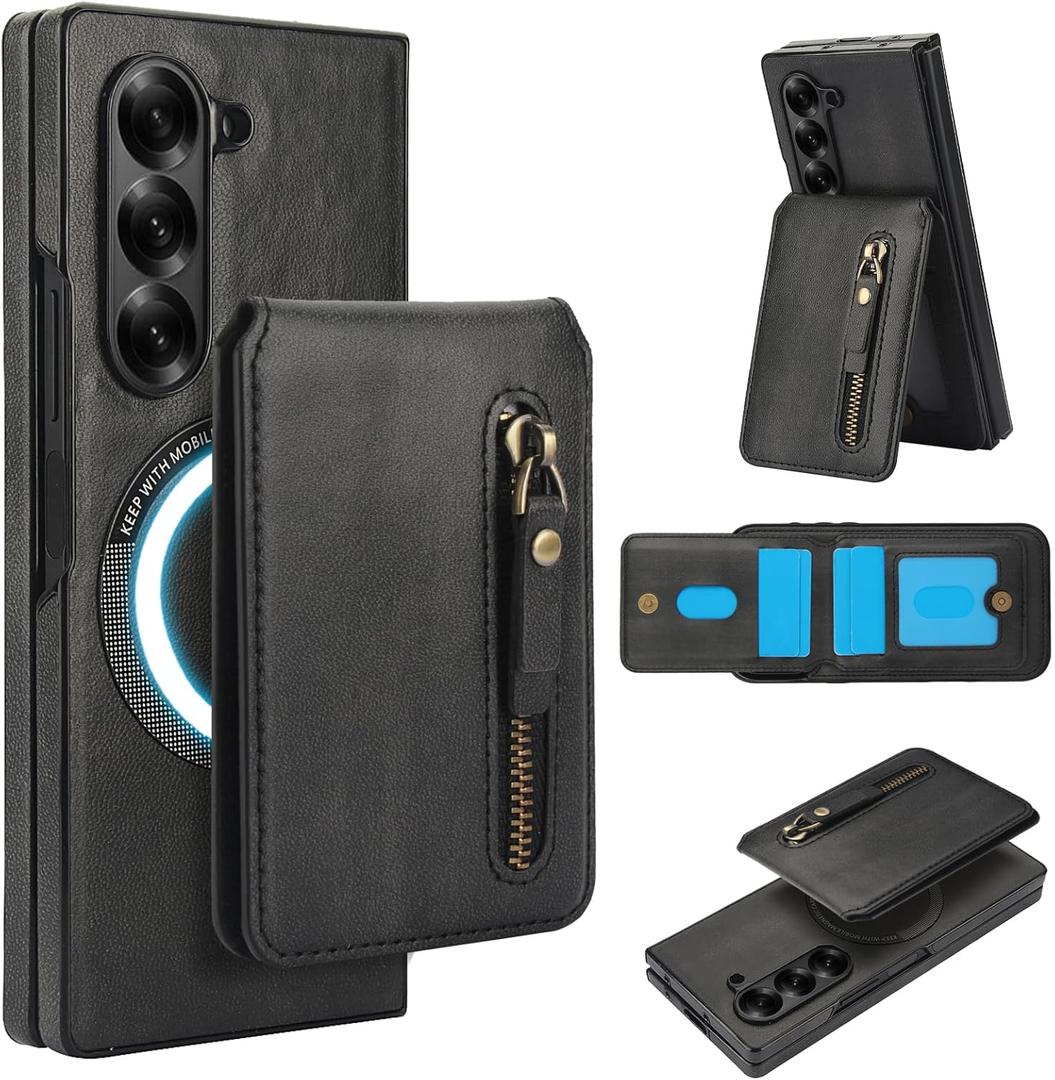 for Samsung Galaxy Z Fold7 Magnetic Detachable Wallet Case with Card Slots, Compatible with magsafa - 2-in-1 Zipper PU Leather Flip Kickstand Cover for Samsung Galaxy Z Fold 7 ZFT-Retro Black