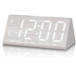 Digital Alarm Clock, with Wooden Electronic LED Time Display, 3 Alarm Settings, Humidity & Temperature Detect, Wood Made Electric Clocks for Bedroom, Bedside, Desk (White-Big Bold)