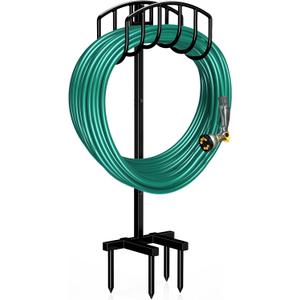 Garden Hose Holder Detachable Heavy Duty Metal Water Hose Hanger, Freestanding Hose Storage Stand Rack for Outside (Black)