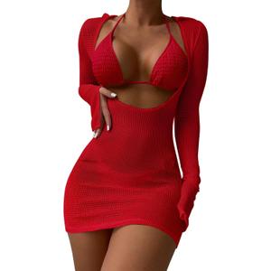 Lilosy Sexy Long Sleeve Mesh Swimsuit 3 Pieces Cover Up Bikini Set (Medium, Smocked Red)
