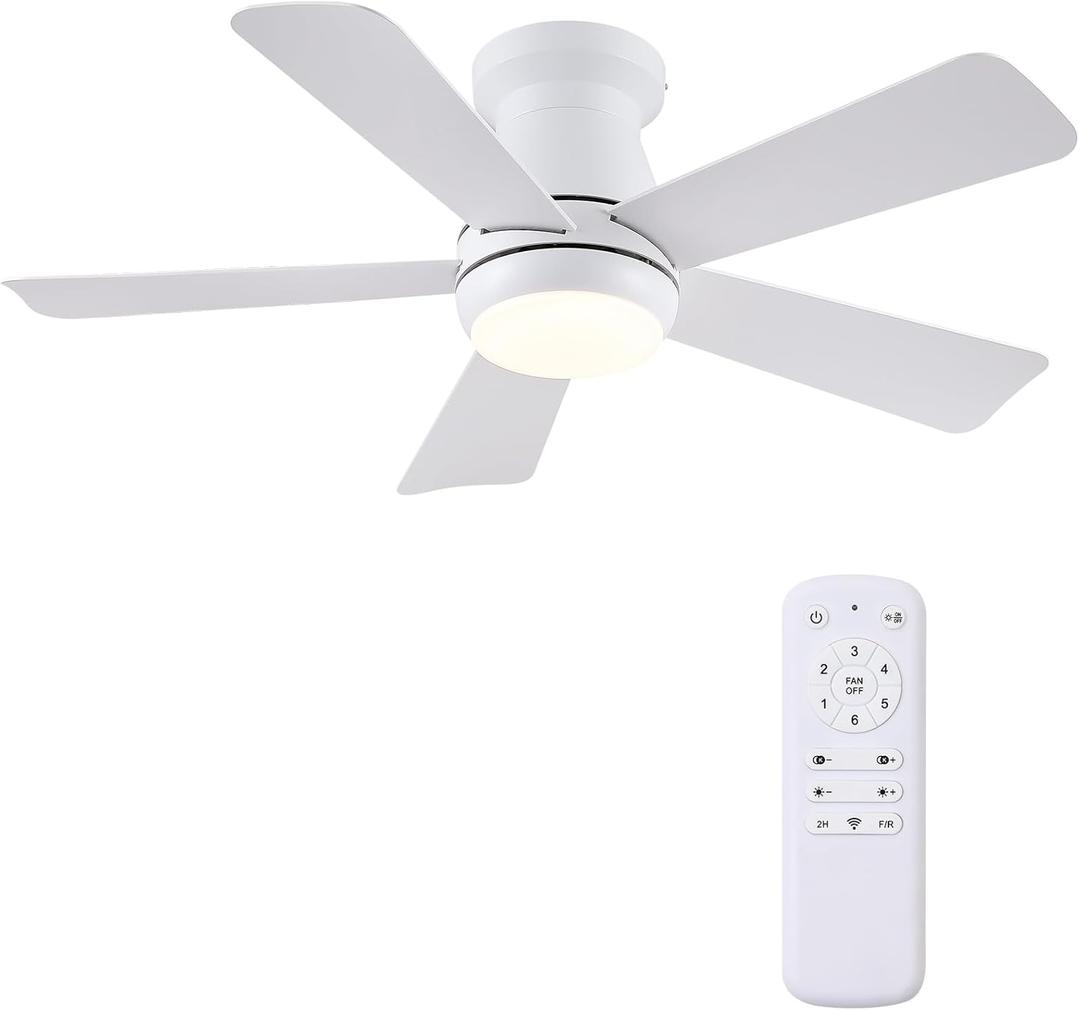 Hounberi Ceiling Fans with Light and Remote, 40" White Flush Mount Ceiling Fan with Dimmable LED,6 Speeds DC Reversible,Timer, Noiseless, Indoor Low Profile Ceiling Fans for Bedroom,Kitchen