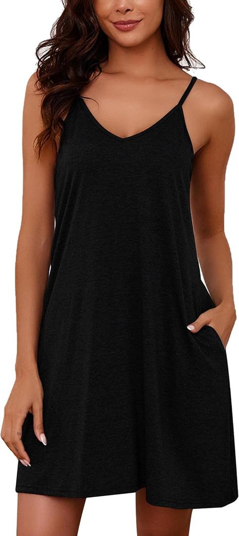 Marvmys Womens Cotton Sleeveless Nightgown Spaghetti Strap V Neck Full Slip Sleep Dress with Pockets (Small, Black)