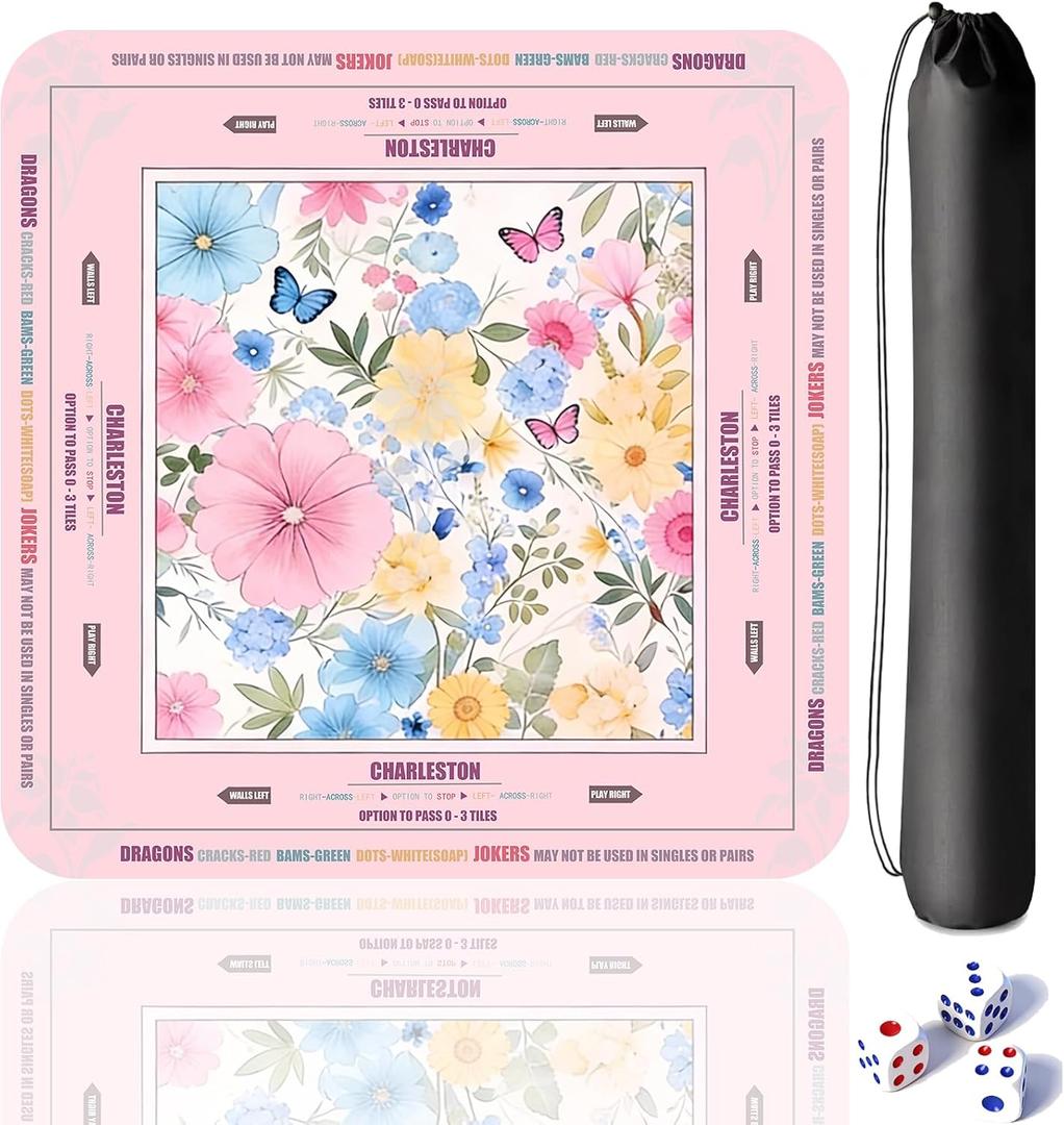 33"33" Mahjong Mat, Anti-Slip Suede Noise-Reducing Mahjong Mat for Table, Soft Foldable Mahjong Table Cloth with Dice & Storage Bag for Poker/Cards/Board Games/Tile Games, Pink Flowers
