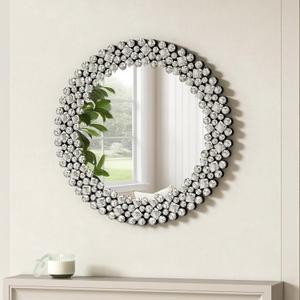 SHYFOY 18" Round Mirrors for Wall Decor Crystal Decorative Mirrors Jeweled Accent Mirror for Living Room Silver Modern Mirror for Entryway Hallway