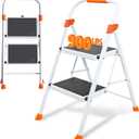 2 Step Ladder, Folding Step Stool with Orange Cushioned Handle, White Sturdy Step Ladder with Wide Anti-Slip Pedal, 900 lbs Capacity Heavy Duty Step Stool with Safety Lock for Kitchen, Home & Garage