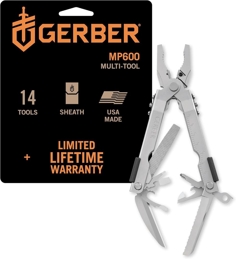 Gerber Gear Multi-Plier 600 Blunt Nose Multitool with 14 Tools - Includes Knife, Pliers, Nylon Sheath & More - Made in USA - Stainless Steel Tool