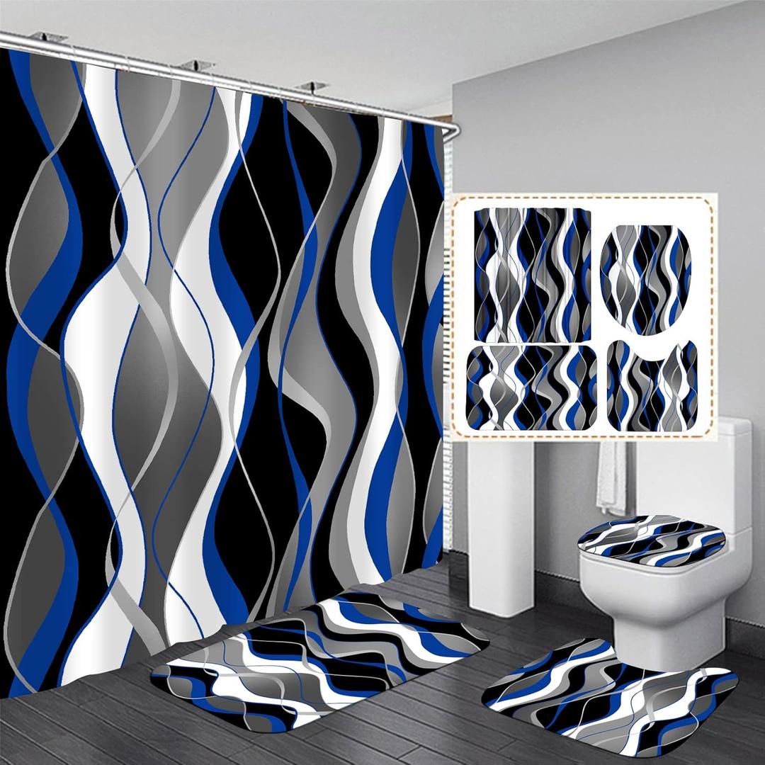 Nkzply 4 Pcs Blue Shower Curtain Black Bathroom Sets with Shower Curtain and Rugs Grey Modern Striped Shower Curtain Set White Bathroom Rugs Set Bathroom Decor Toilet Lid Cover Hooks