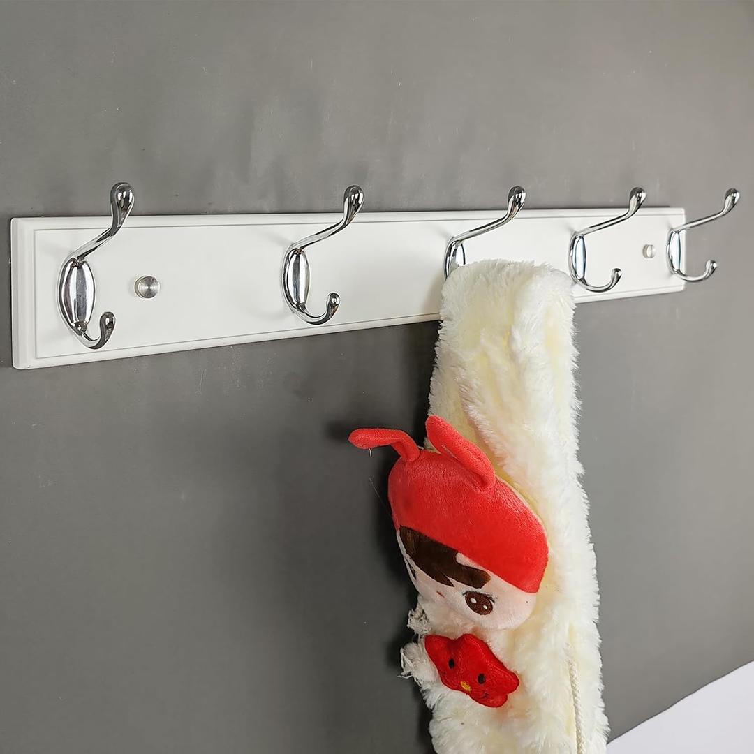 wall Mounted Coat Rack 21.5’’(55cm) with 5 Silver Hooks, White wall Coat Rack, Wood wall Hook Coat Rack for Entrance, Hallway, Bedroom, Kids Room, Lang White wall Clothes Hanger