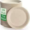Vplus 350 Pack Paper Plates 7 inch 100% Compostable, Heavy-Duty Disposable Paper Plates Bagasse Natural Biodegradable Eco-Friendly Sugarcane