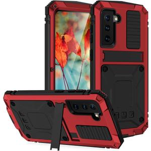 Compatible with Samsung Galaxy S21 Case, Aluminum Metal Gorilla Glass Waterproof Shockproof Military Heavy Duty Sturdy Protector Cover Hard Case (Red)