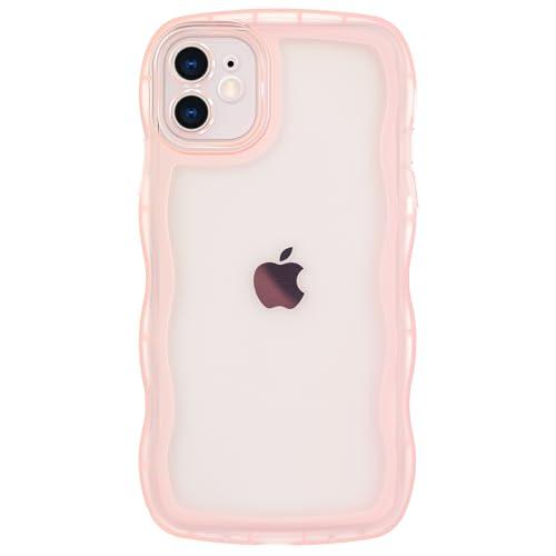 Dumkery Cute Case Compatible with iPhone 12 Case, Clear Pink Curly Wave Frame Anti Slip Soft TPU Shockproof Case Cover for Girls Women