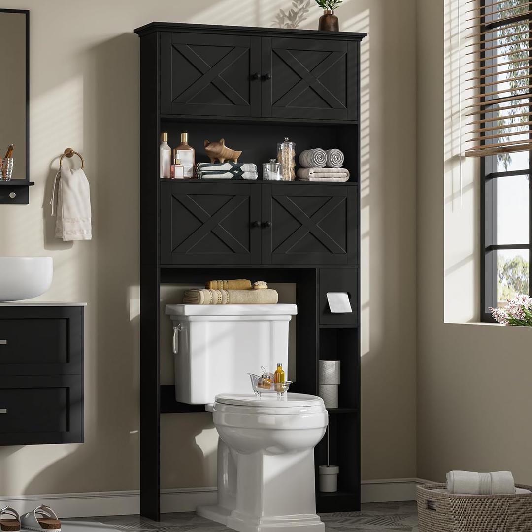 Halitaa Over The Toilet Storage Cabinet, Farmhouse Storage Cabinet Over Toilet with 4 Barn Doors & Toilet Paper Holder Stand, Black Toilet Shelf Home Space Saver for Restroom, Bathroom, Laundry