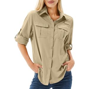 Women's UPF 50 Long Sleeve Sun Protection Shirts Safari Fishing Hiking (Khaki) XS