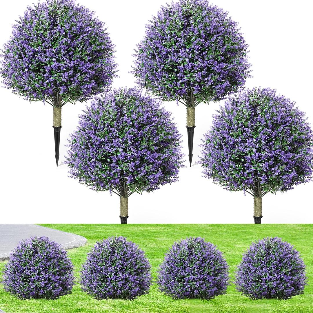 Lunmon Artificial Topiary Ball Trees Outdoor Set of 4, 24 Inch Faux Flower Topiary Bushes Plants with Ground Spikes, UV Resistant Artificial Shrubs for Porch Patio Garden Decor (Lavender,Purple)