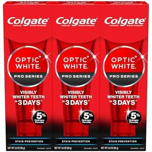 Colgate Optic White Pro Series Stain Prevention Hydrogen Peroxide Toothpaste, Teeth Whitening Toothpaste, Effectively Removes Tea, Coffee, and Wine Stains, Enamel-Safe for Daily Use, 3 Pack, 3.0 oz