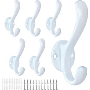 6 Pack Coat Hooks Wall Mount Heavy Duty Utility Retro Double Hooks for Hanging Coats,Hat, Towel, Key, Robe, Scarf, Bag, Cap (White)