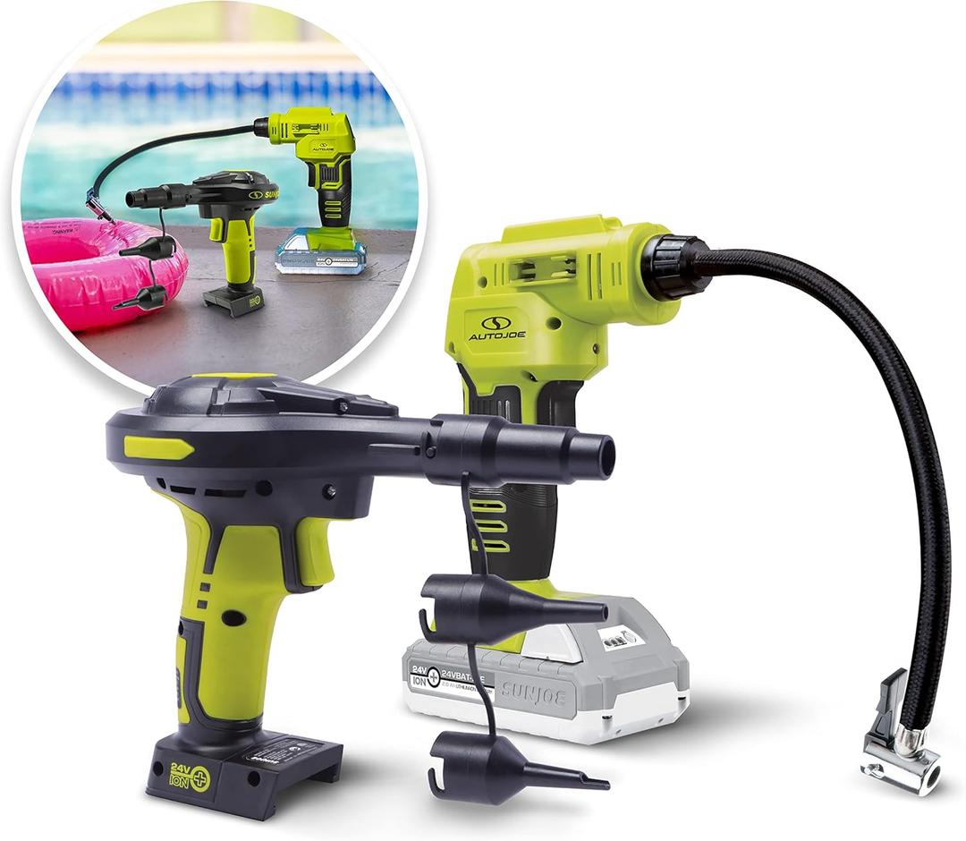 Sun Joe 24V-AJC-AJV-LTE 24V IONMAX High Volume Inflator & Portable Air Compressor Kit, w/ 2.0-Ah Battery + Charger, Storage Bag, 3 Inflation Adapters, and Nozzle Pin Attachments (Green)