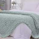 Bigacogo Chunky Knit Throw Blanket for Couch, 51x63 inches, 100% Hand Knitted with Thick Jumbo Chenille Yarn, Cozy Soft Large Rope Knot Cable Crochet Blankets for Sofa Bed Living Room, Misty Green