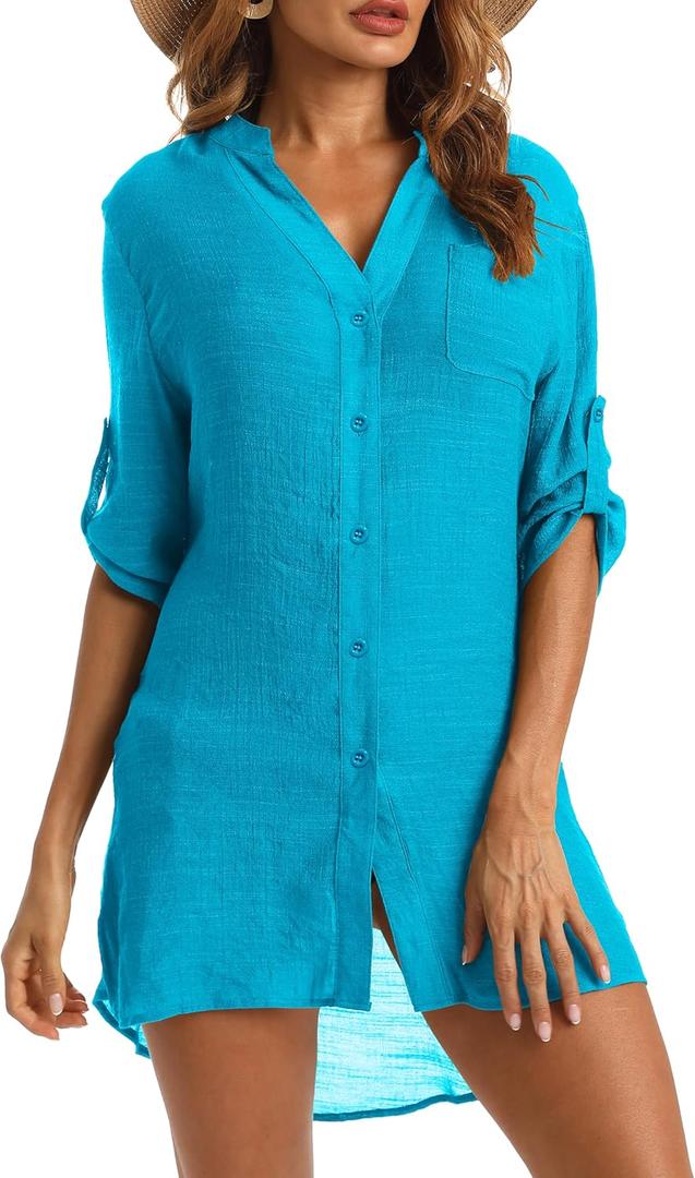 Swimsuit Coverup for Women 2024, V-Neck Beach Button Down Bikini Cover Ups Knee-Above Shirt Tops (Small, Cyan)