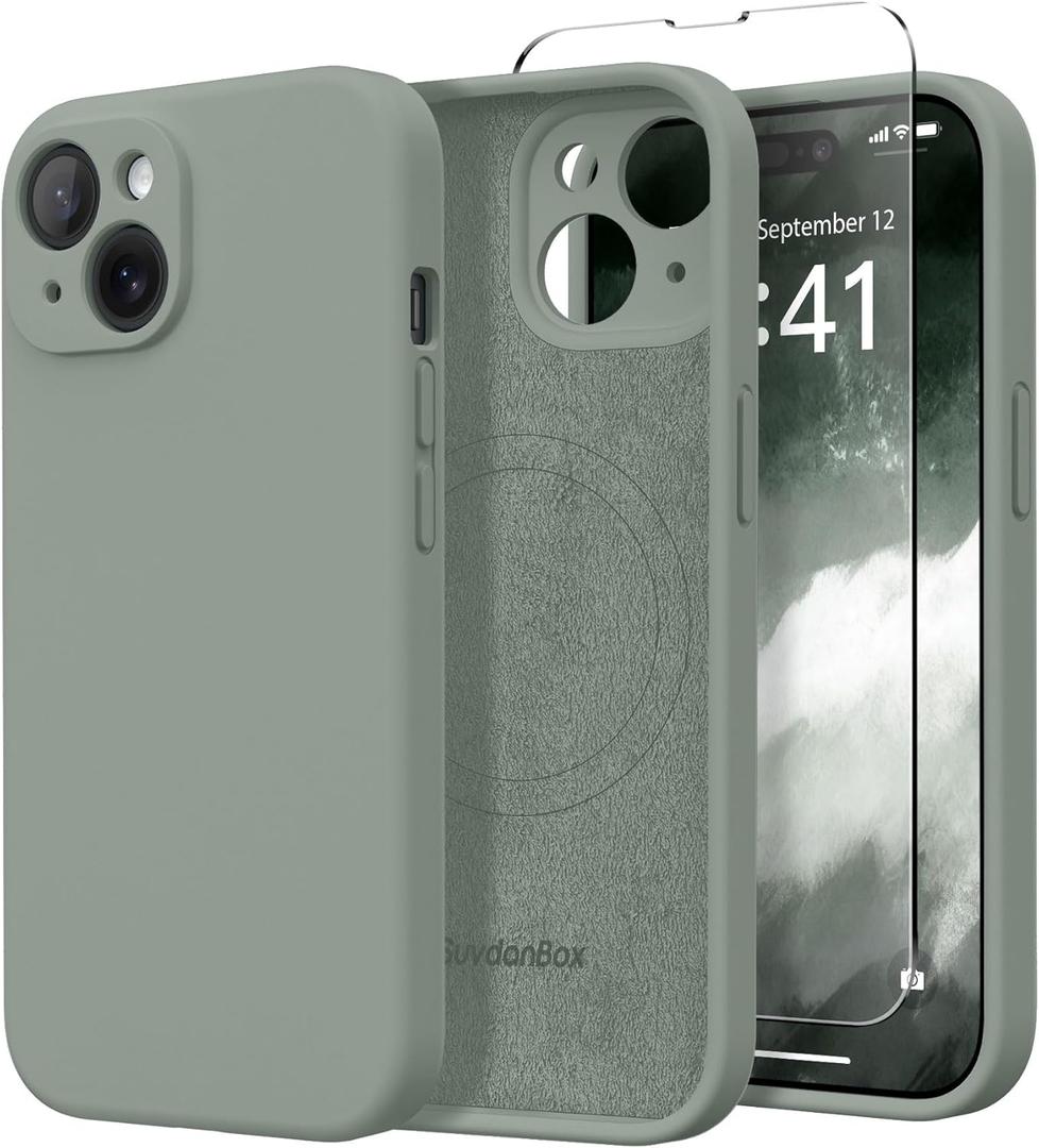 SuydanBox Magnetic for iPhone 14 Case, Compatible with MagSafe, [Full Camera Protection][Screen Protector] Silicone Shockproof Protective Phone Case for iPhone 14 6.1 inch, Calke Green