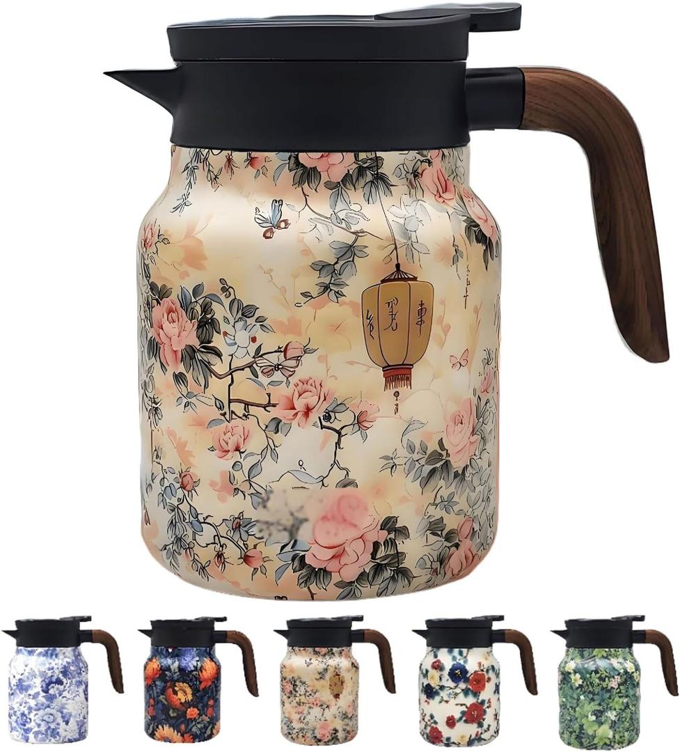 Vintage Pattern Coffee Carafes, 35 Oz/1 Liter - Hot and Cold with Infuser, Perfect for Parties/Home Use (Yellow Flower)