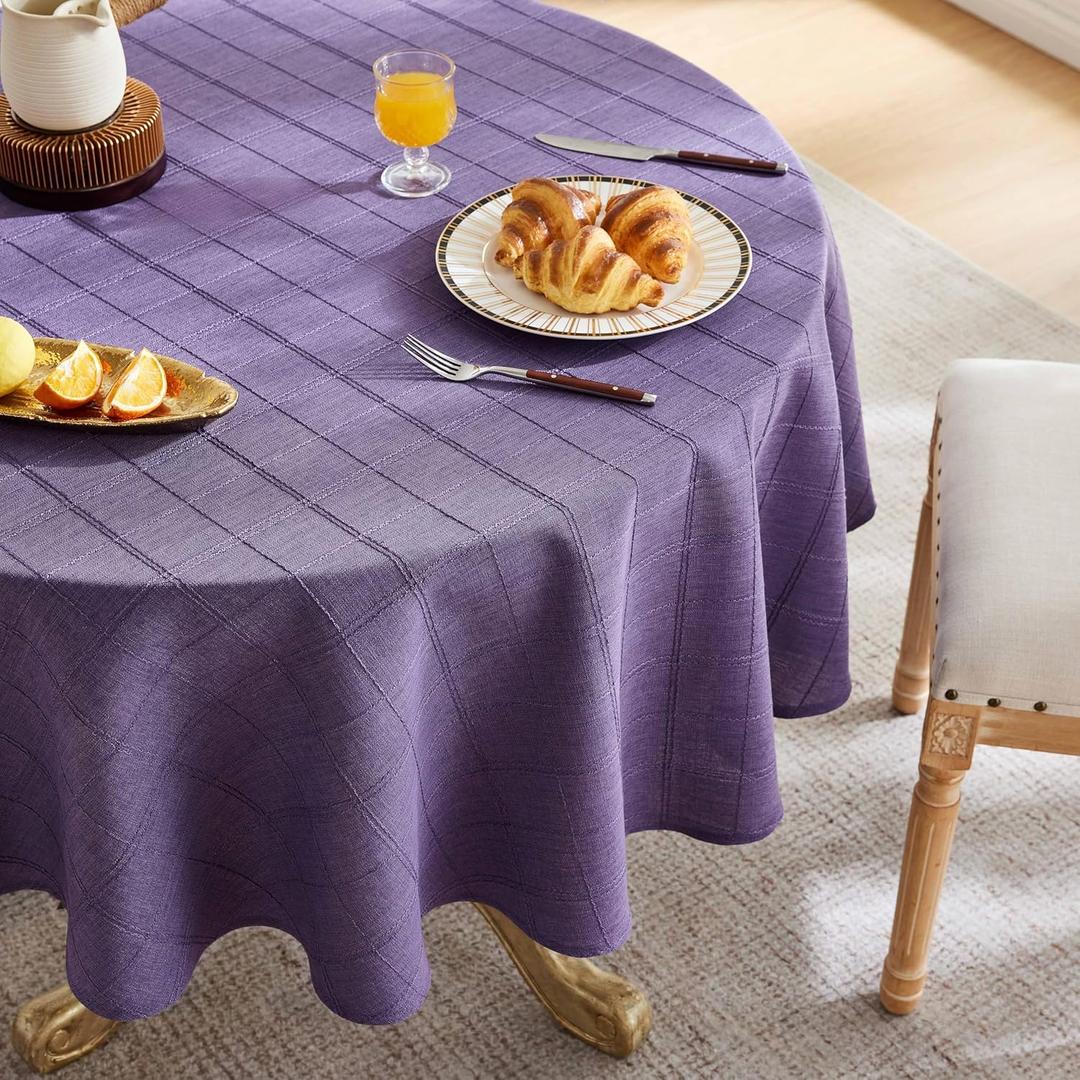 ZeeMart Linen Checked Table Cloth 60 Inches Round, Farmhouse Style Plaid Embroidered Water Resistant Table Cover, Purple