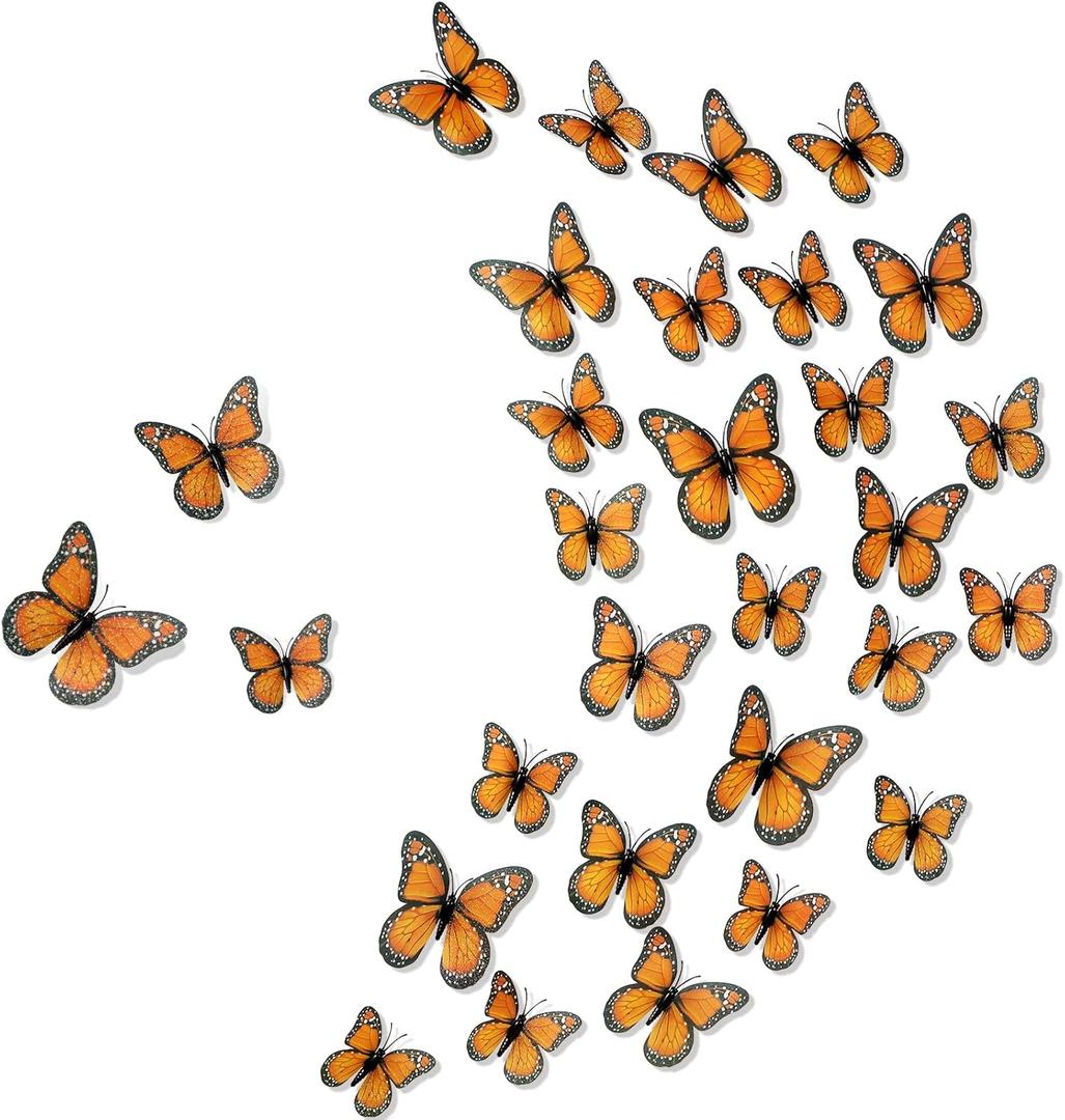 Chuangdi Monarch Butterfly Decoration 3 Size Fake Butterflies Realistic Butterfly Crafts Artificial Wall Decor for Craft Home Wedding Classroom Birthday Party Decorations(Orange,48 Pack)