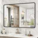 OKPAL 44X30 Inch Black Bathroom Mirror for Wall, Bathroom Vanity Frame Mirror, Matte Black Rectangle Mirror, Round Corner, Rustproof, Shatter-Proof (Horizontal/Vertical)