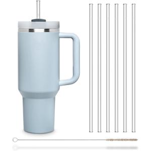 Halm Glass Straws 6x 12 inch Long Replacement Straw for Stanley Quencher Cup 40 oz & 30 oz Plastic-Free Cleaning Brush - Reusable Drinking Straw Dishwasher Safe Made in Germany (Clear)