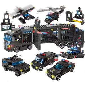 1102 Pieces City Police Station Building Kit, SWAT Mobile Command Center Truck Building Toy with Police Car, Helicopter, Patrol Boat, Best Learning and Roleplay Swat Toy Gift for Boys and Girls