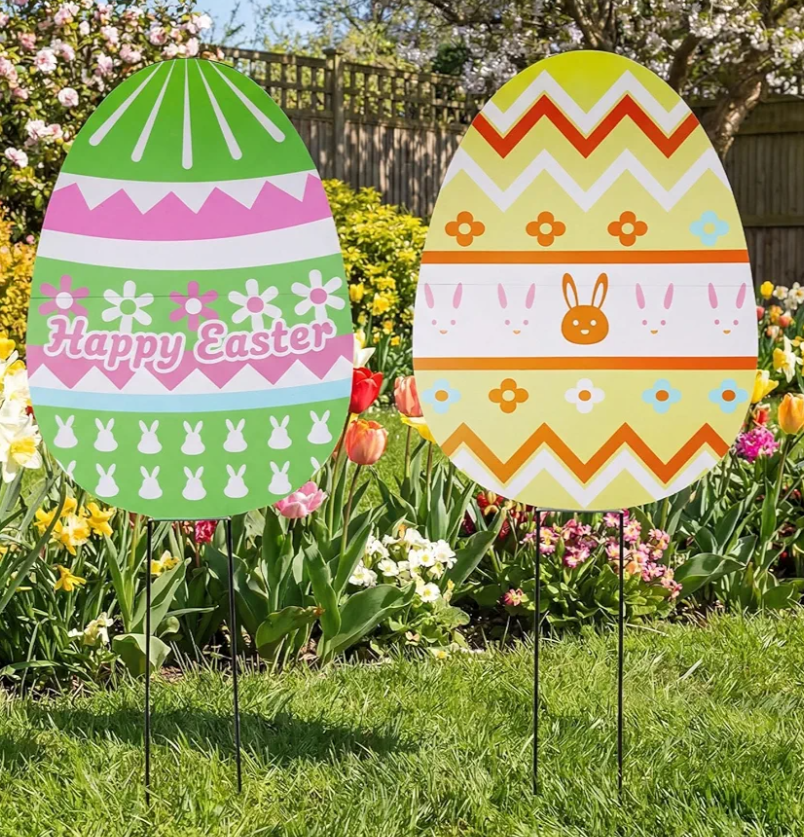 Novabright 2 Set Giant Easter Egg Yard Sign with Stake 33.8" H x 23.2" W Waterproof Outdoor Easter Decorations Plastic Weather Resistant Jumbo Egg Decor for Outdoor Lawn Garden Spring Party Favor